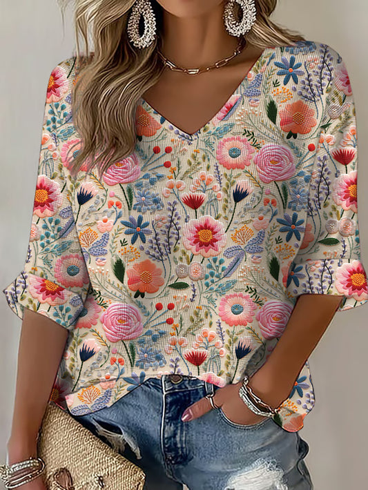 T-shirt Femme Rose Gaufré Fleurs