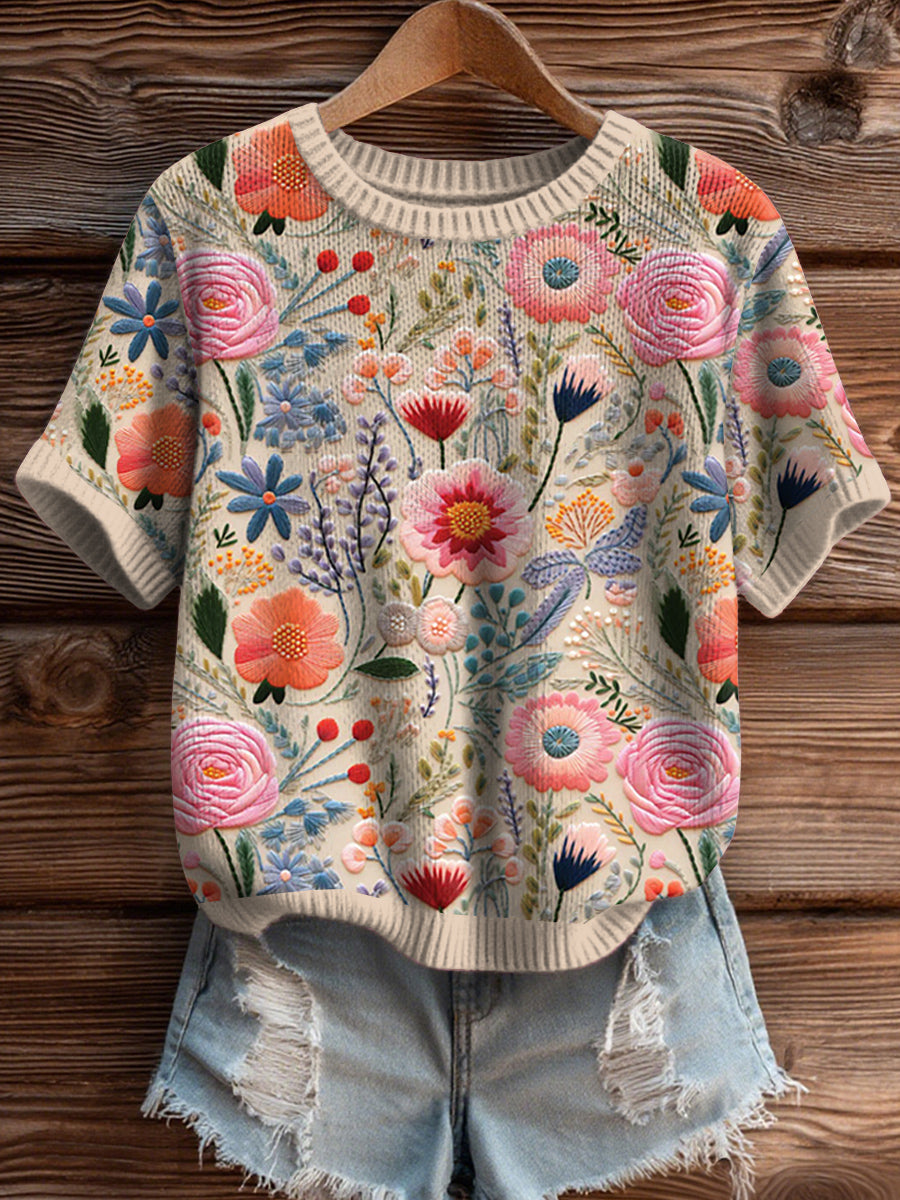 Pull Femme Rose Floral À Manches Courte