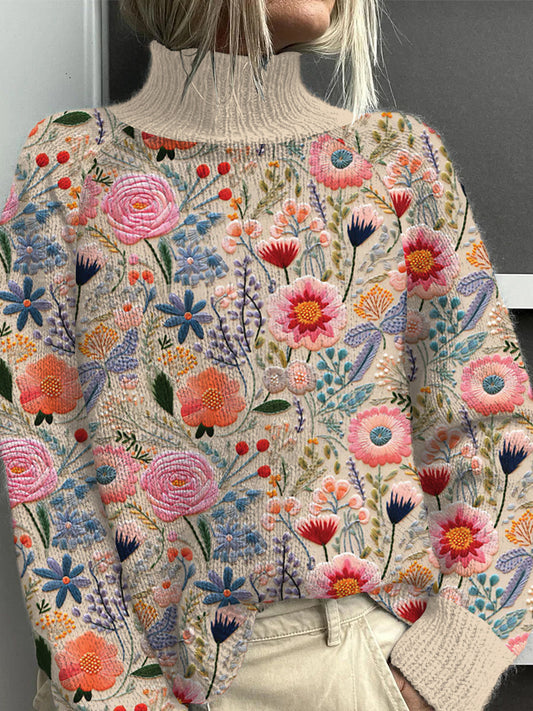 Pull à col roulé en tricot floral rose pour femme