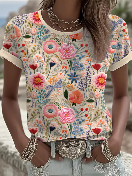 T-shirt Femme Rose Floral Manches Courtes