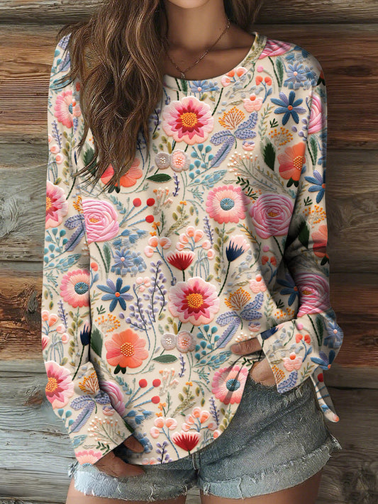T-shirt Femme Rose Floral col rond manches longues