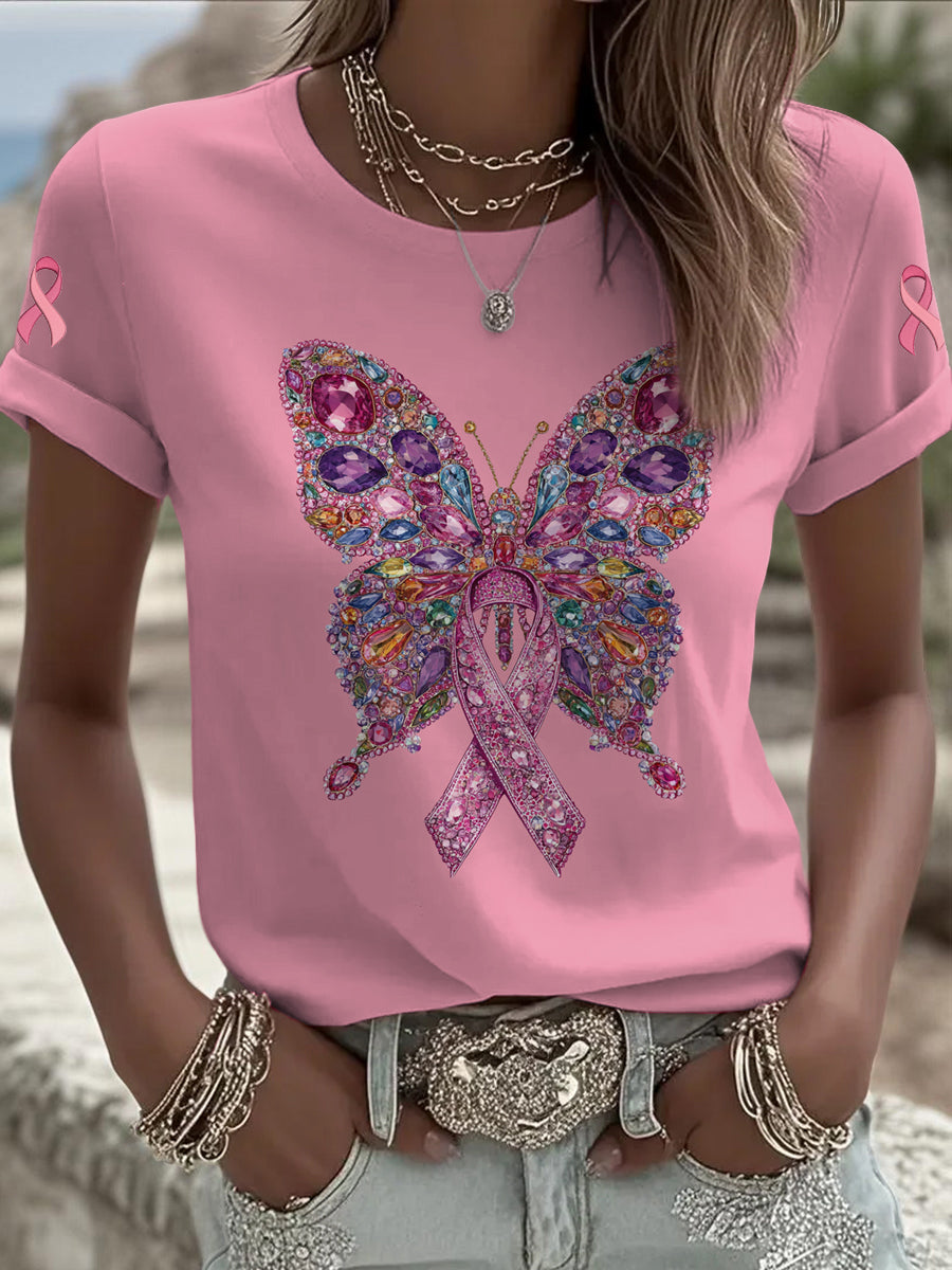 Les femmes du cancer du sein papillon imprimé mode Vintage lâche T-shirt à manches courtes