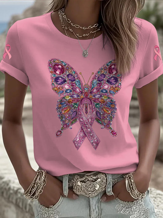 Les femmes du cancer du sein papillon imprimé mode Vintage lâche T-shirt à manches courtes