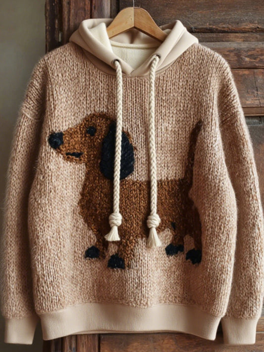 Sweat-shirt à capuche surdimensionné confortable tricoté teckel mignon des femmes