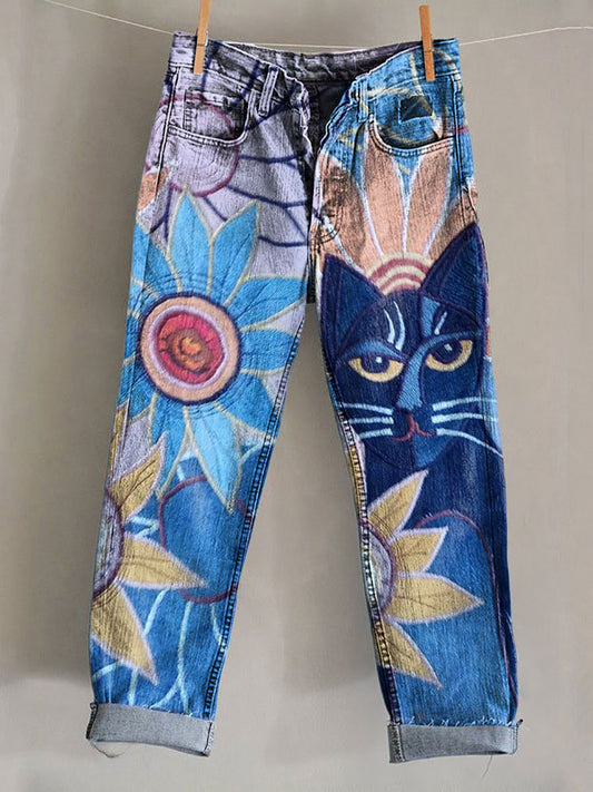 Pantalon Décontracté Chat Noir Vintage Femme