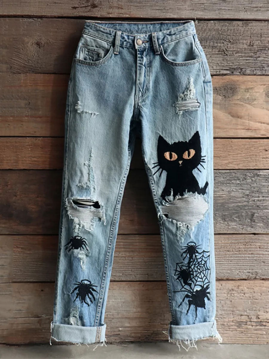 Pantalon décontracté à imprimé chat Halloween pour femmes