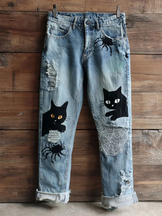 Pantalon décontracté à imprimé chat Halloween pour femmes