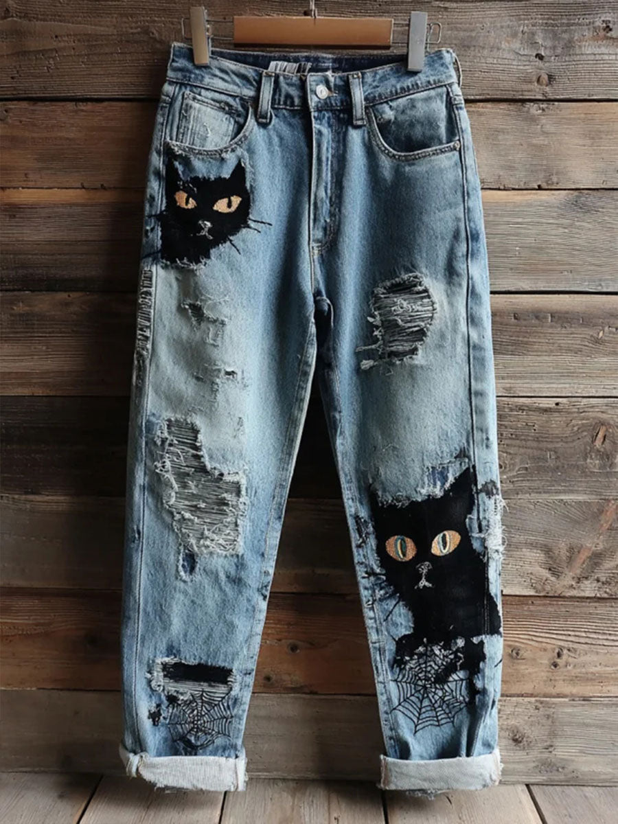 Pantalon décontracté à imprimé chat Halloween pour femmes