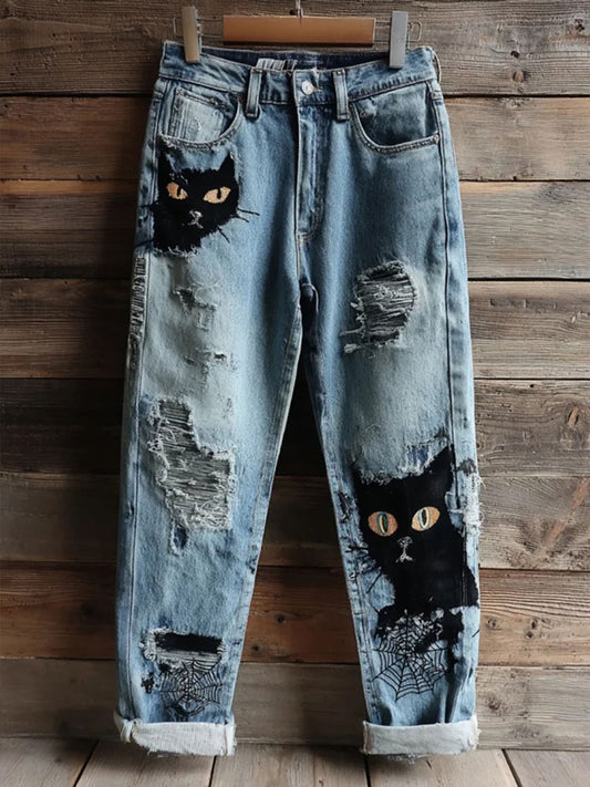 Pantalon décontracté à imprimé chat Halloween pour femmes