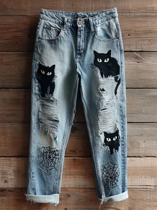 Pantalon décontracté à imprimé chat Halloween pour femmes