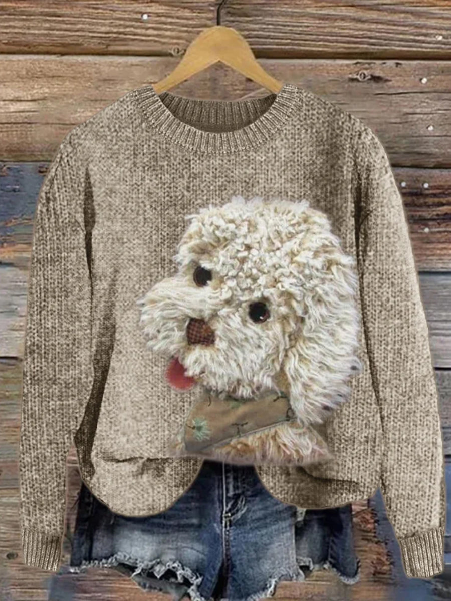 Pull Femme Fuzzy Dog Plush Patchwork Tricot