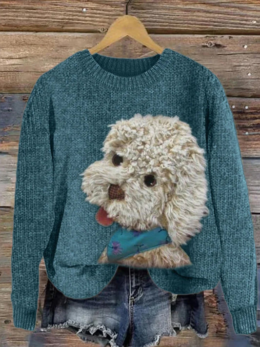Pull Femme Fuzzy Dog Plush Patchwork Tricot