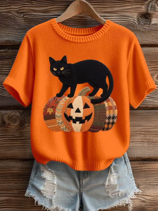 Haut en tricot confortable à motif de chat noir Halloween pour femmes