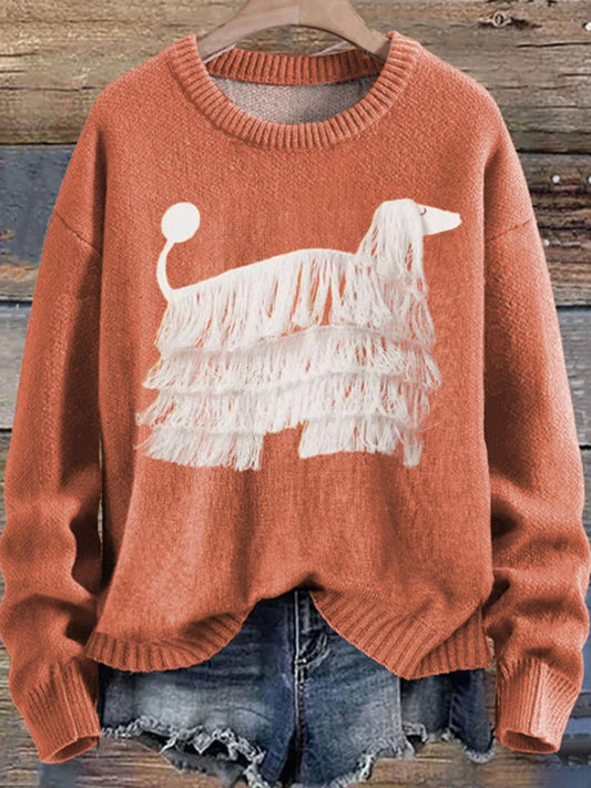 Pull tricoté à imprimé chien à franges pour femmes
