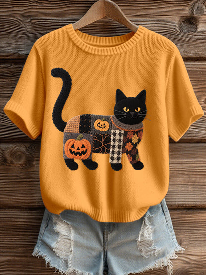Haut en tricot confortable brodé de chat noir Halloween pour femmes