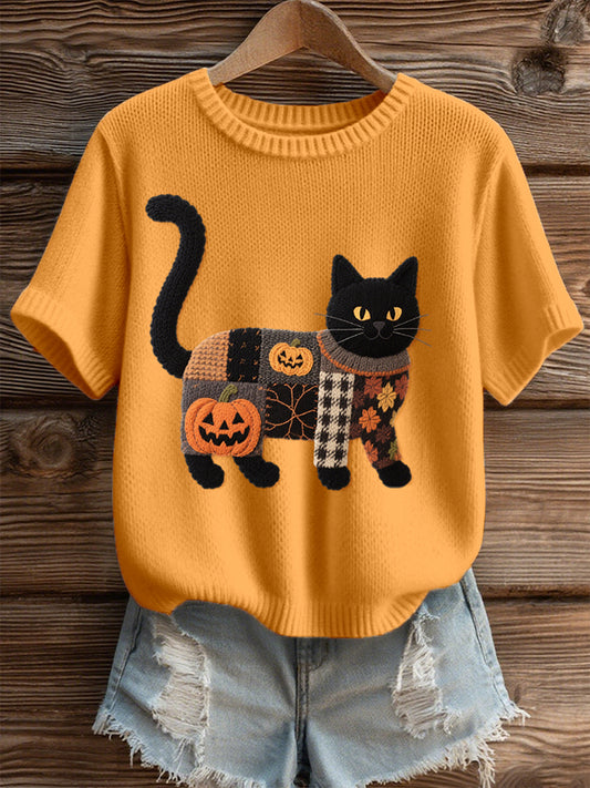 Haut en tricot confortable brodé de chat noir Halloween pour femmes