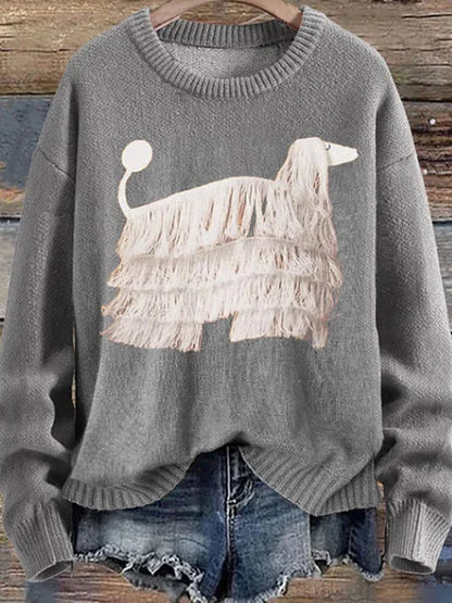 Pull tricoté à imprimé chien à franges pour femmes