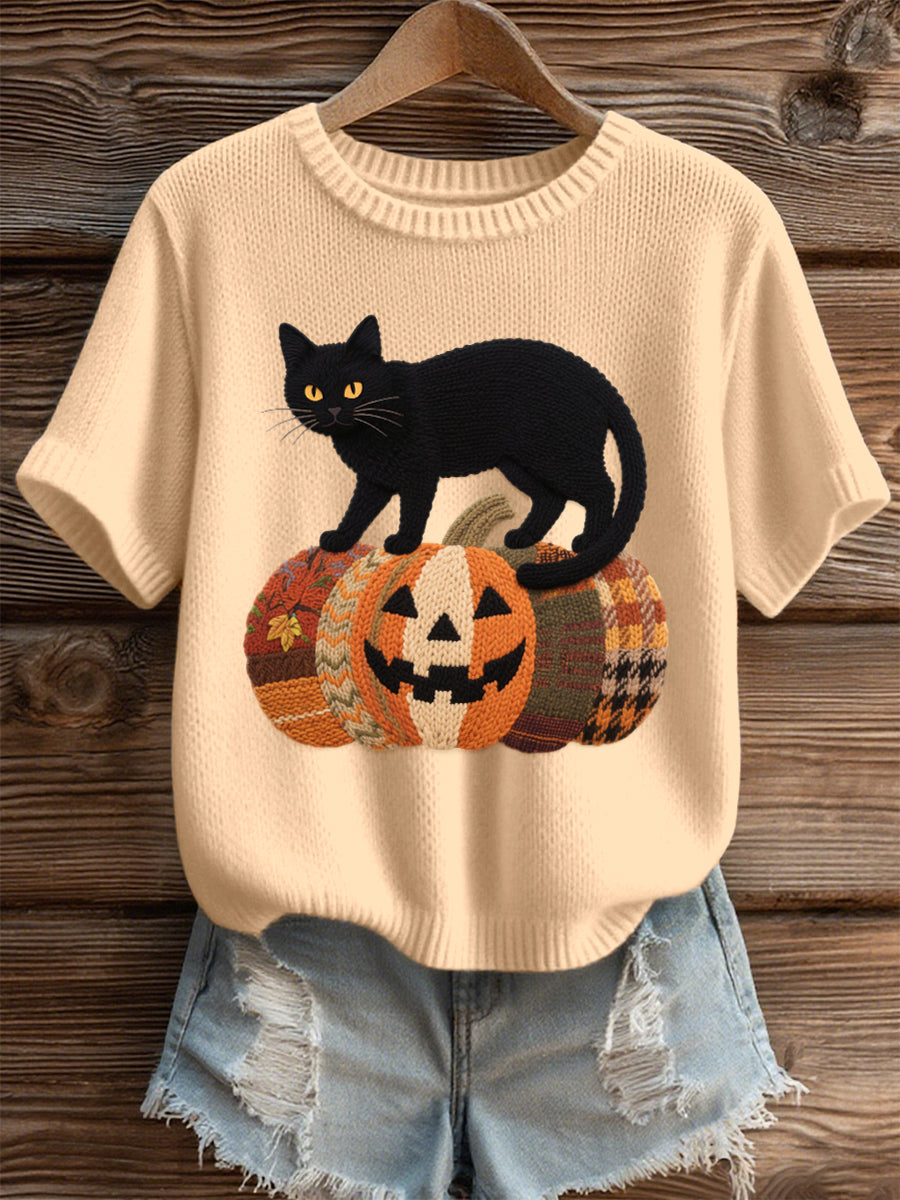 Haut en tricot confortable à motif de chat noir Halloween pour femmes