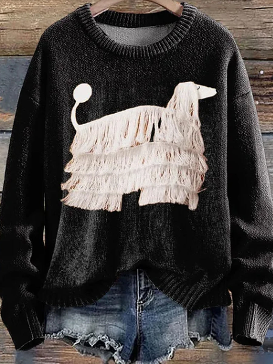 Pull tricoté à imprimé chien à franges pour femmes