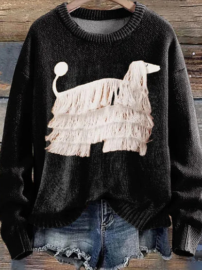 Pull tricoté à imprimé chien à franges pour femmes