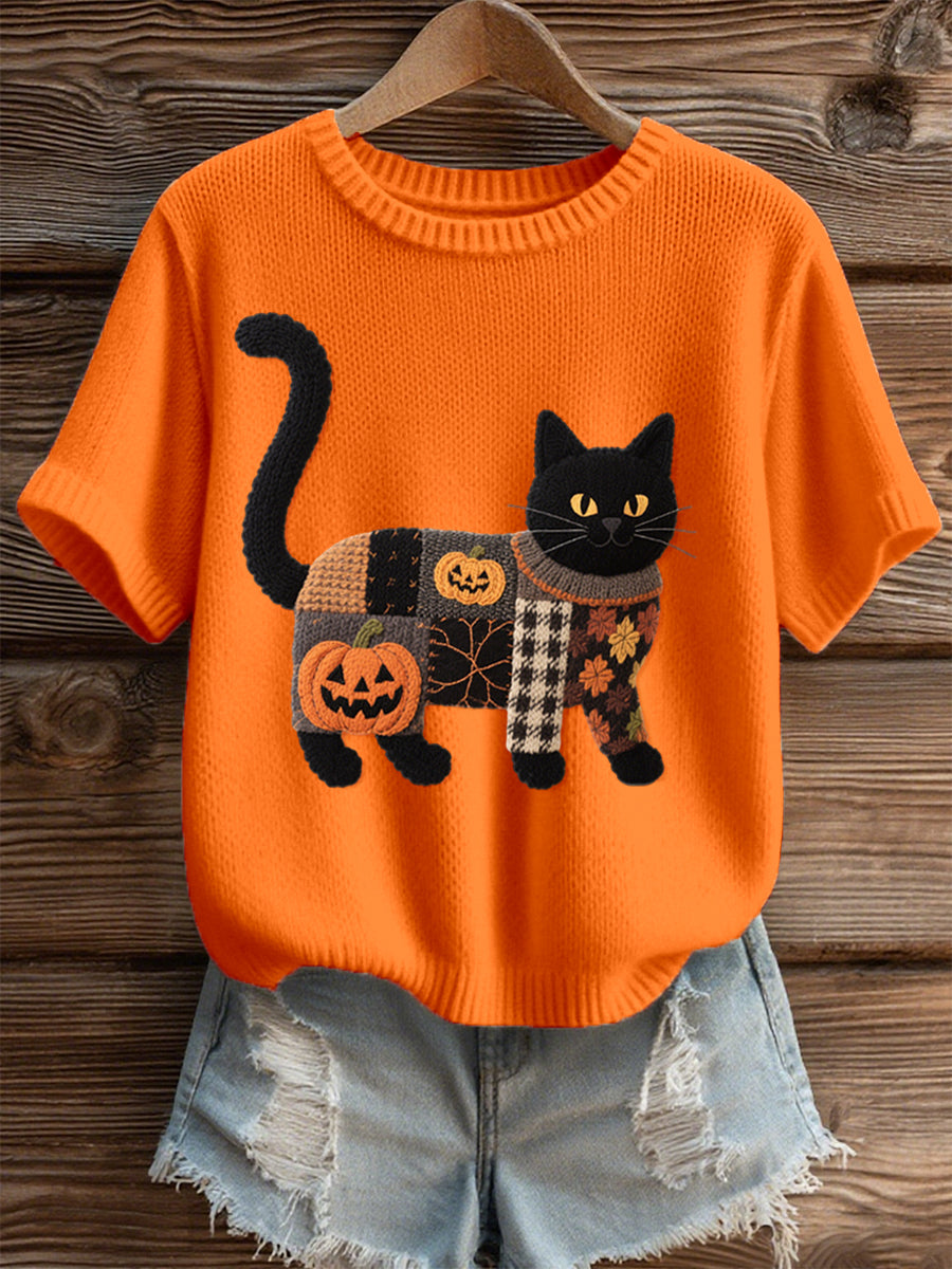 Haut en tricot confortable brodé de chat noir Halloween pour femmes