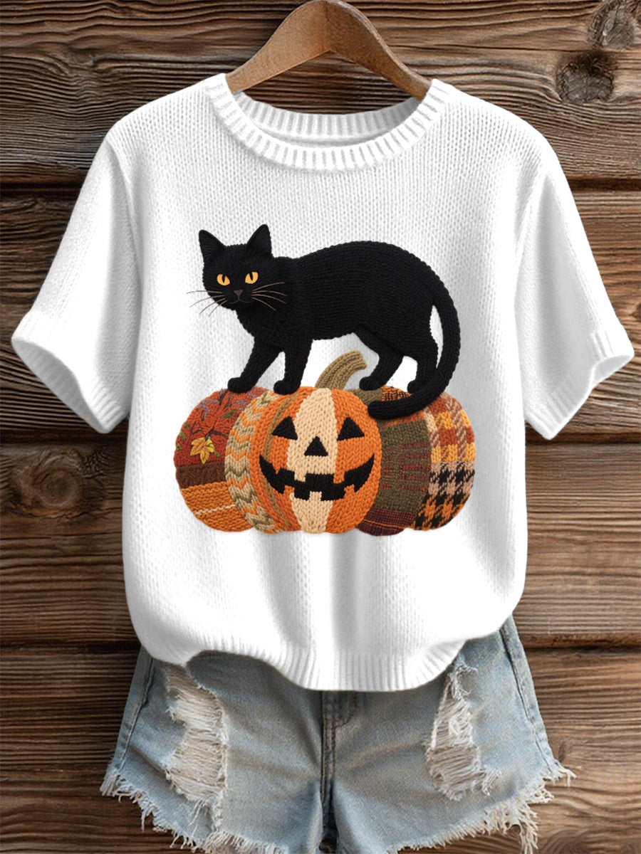Haut en tricot confortable à motif de chat noir Halloween pour femmes