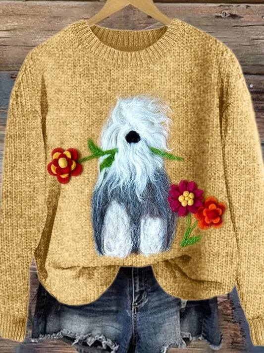 Femme Chien de mouton avec des fleurs Pull en tricot confortable