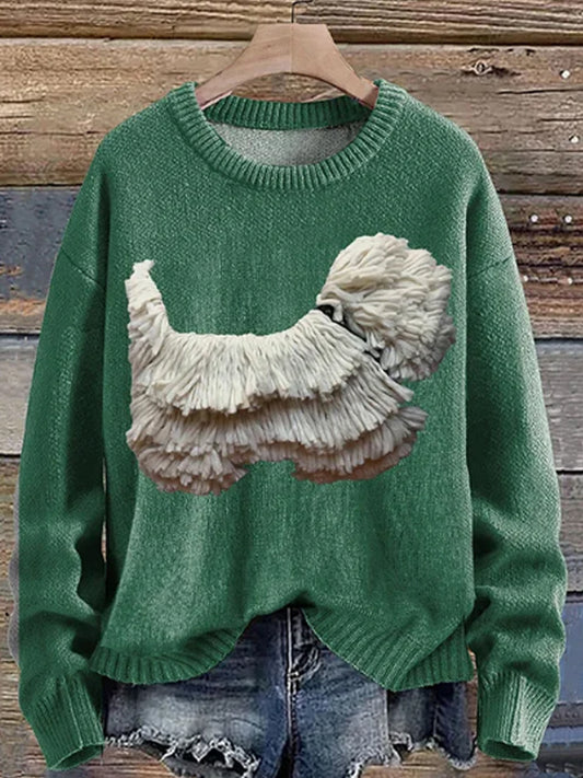 Pull à manches longues en tricot imprimé à franges pour femmes