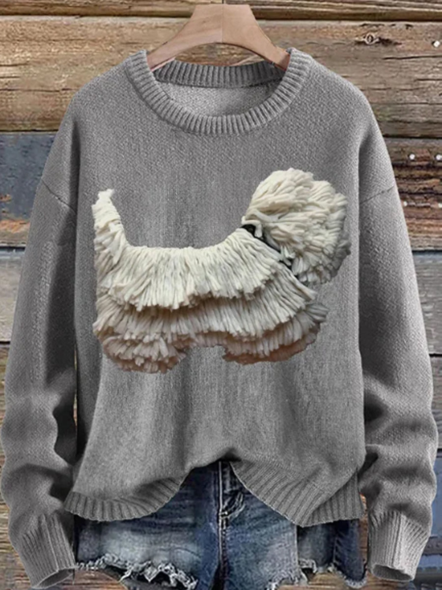 Pull à manches longues en tricot imprimé à franges pour femmes