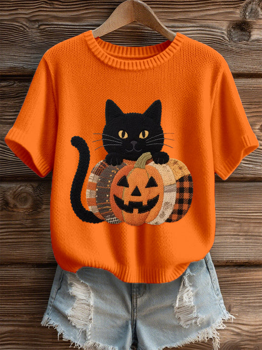 Haut en tricot confortable brodé de chat noir Halloween pour femmes