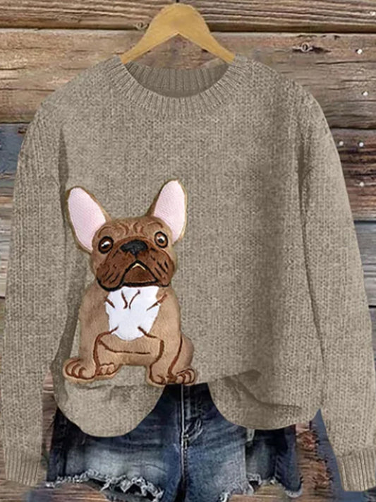 Femmes Mignon Bouledogue Français Applique Broderie Chien Art Cozy Pull