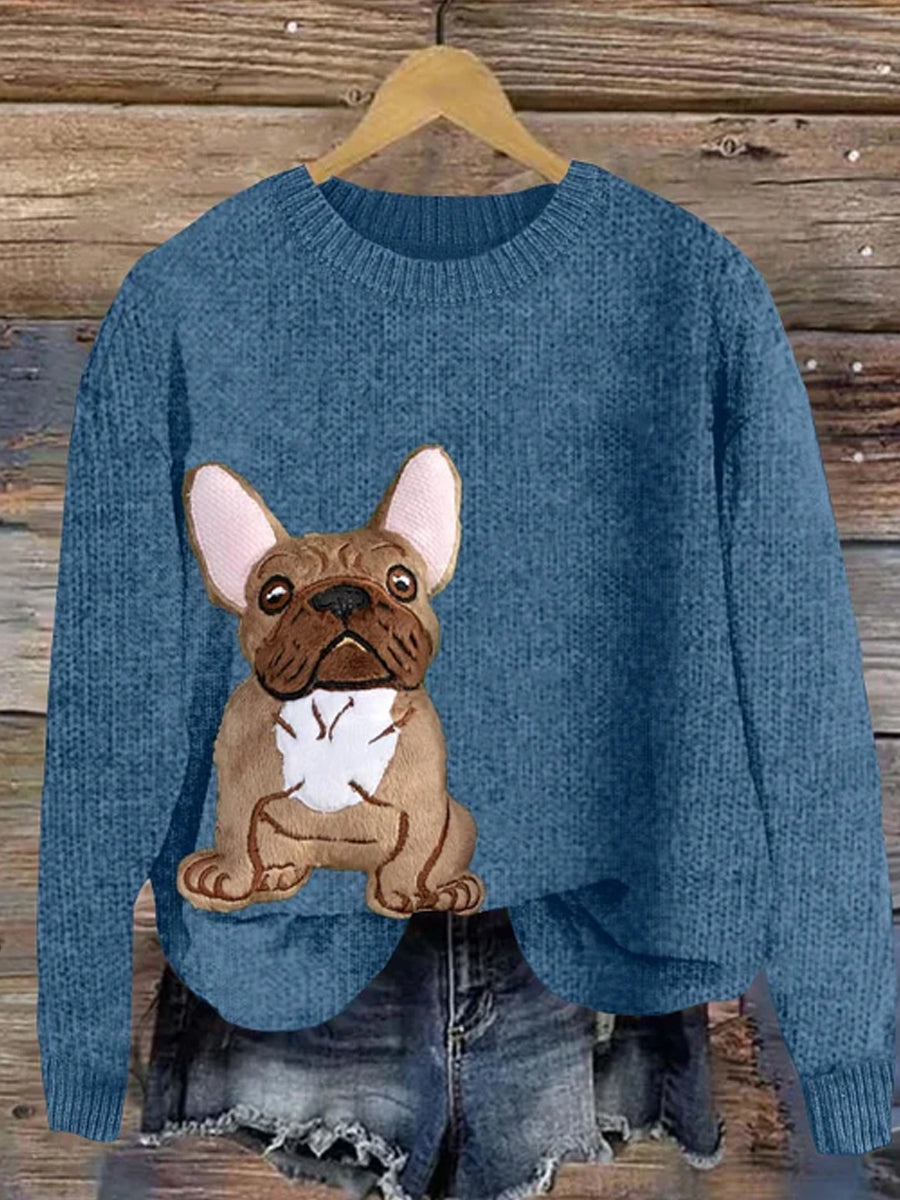 Femmes Mignon Bouledogue Français Applique Broderie Chien Art Cozy Pull