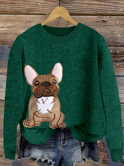 Femmes Mignon Bouledogue Français Applique Broderie Chien Art Cozy Pull