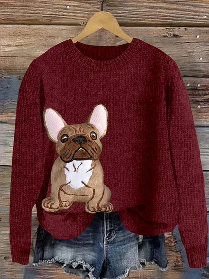Femmes Mignon Bouledogue Français Applique Broderie Chien Art Cozy Pull