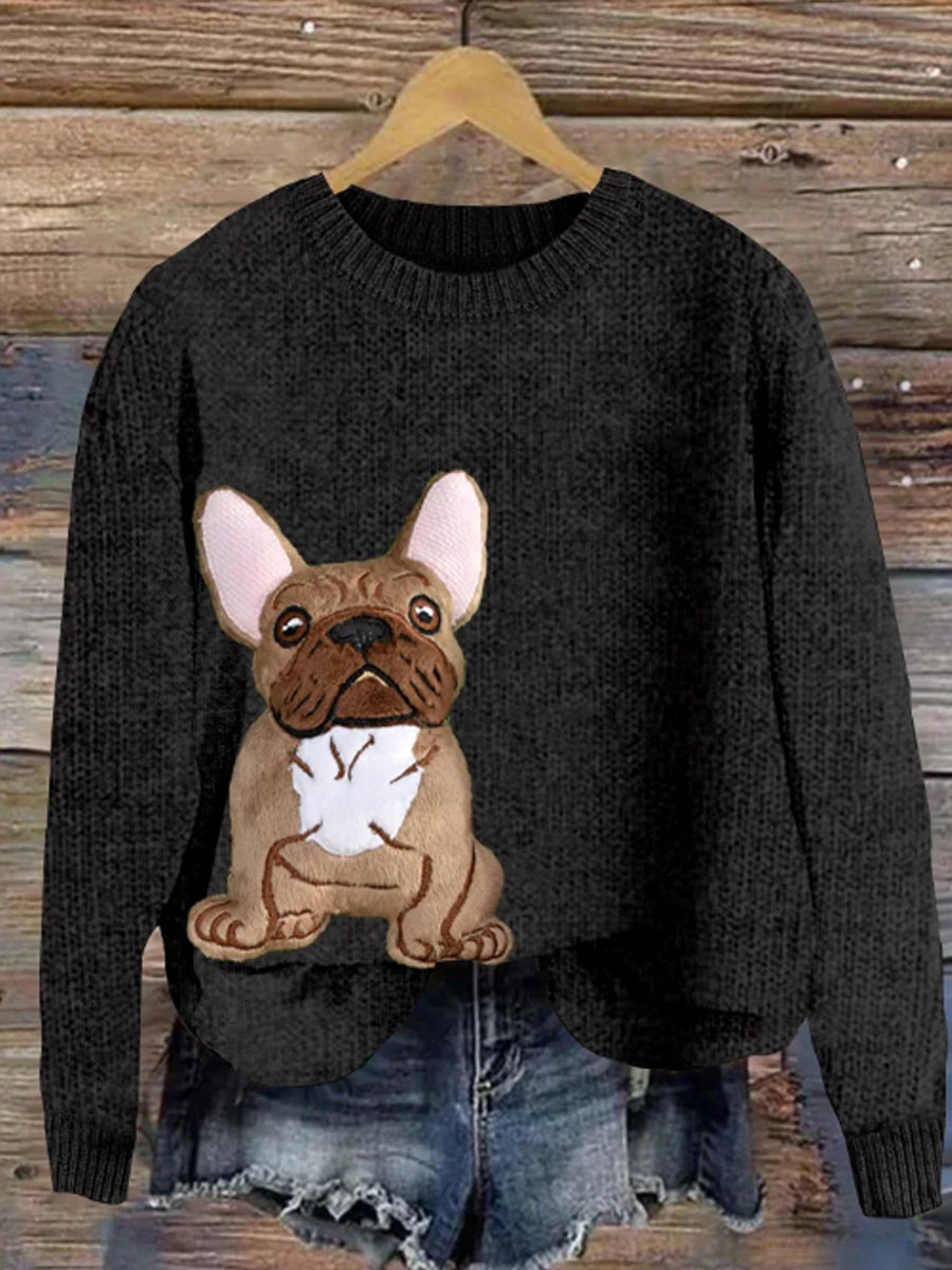 Femmes Mignon Bouledogue Français Applique Broderie Chien Art Cozy Pull