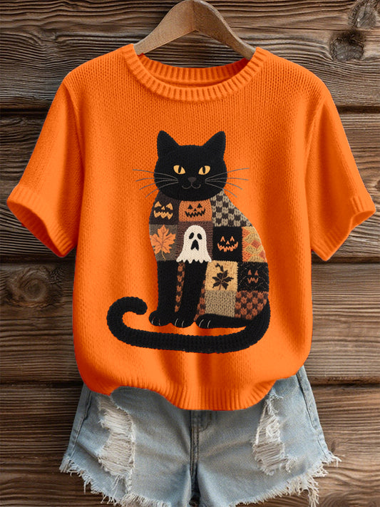 Haut en tricot confortable brodé de chat noir Halloween pour femmes