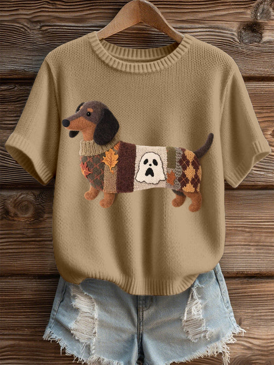 Top confortable en tricot à motif de teckel en feutre pour femmes
