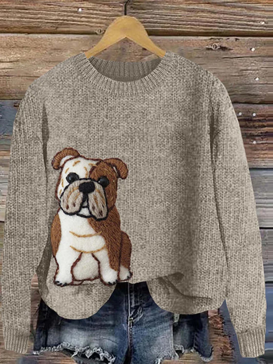 Femmes Mignon Bulldog Anglais Applique Broderie Cozy Pull