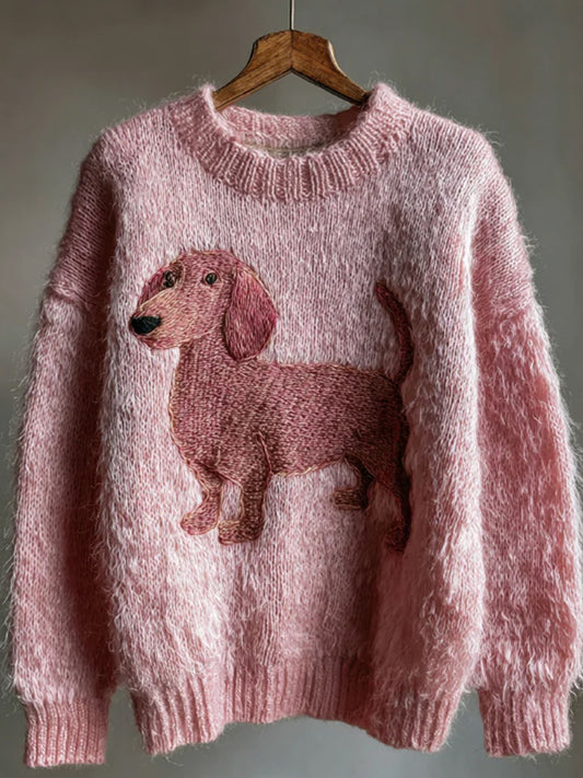 Pull Femme Rose Brodé Teckel Fuzzy Cozy En Tricot