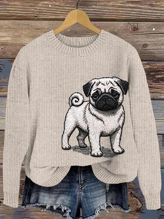 Lovely Cute Pug Broderie Art Loose Cozy Pull en tricot pour femmes