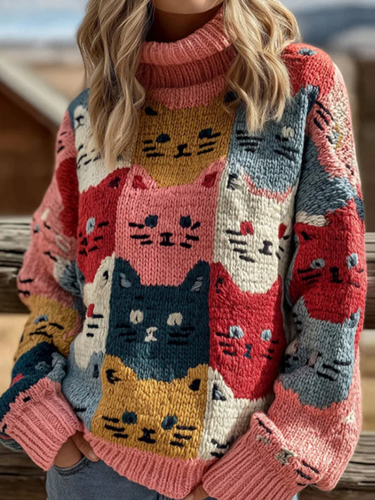 Chat coloré brodé Art confortable tricoté pull à col roulé pour femmes