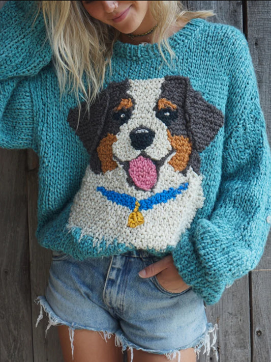 Fuzzy Bernesemountain Chien Feutre Cozy Knit Pull Femme