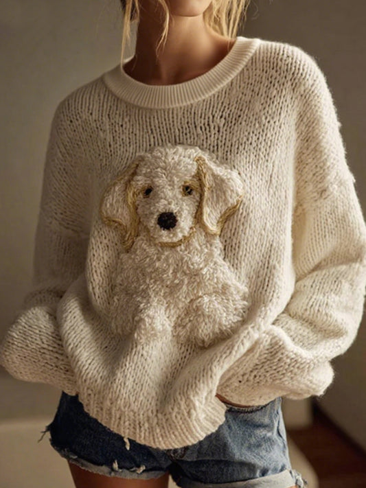 Les femmes classique en peluche Golden Retriever feutre confortable tricot ras du cou Pull
