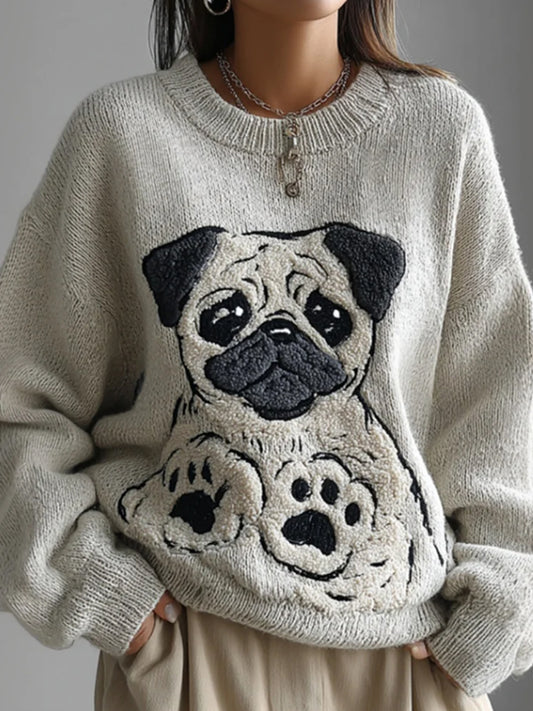 Lovely Cute Pug Broderie Art Loose Cozy Pull en tricot pour femmes