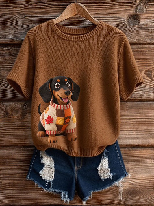 Femme Automne Chien Art Imprimer manches court-chemise