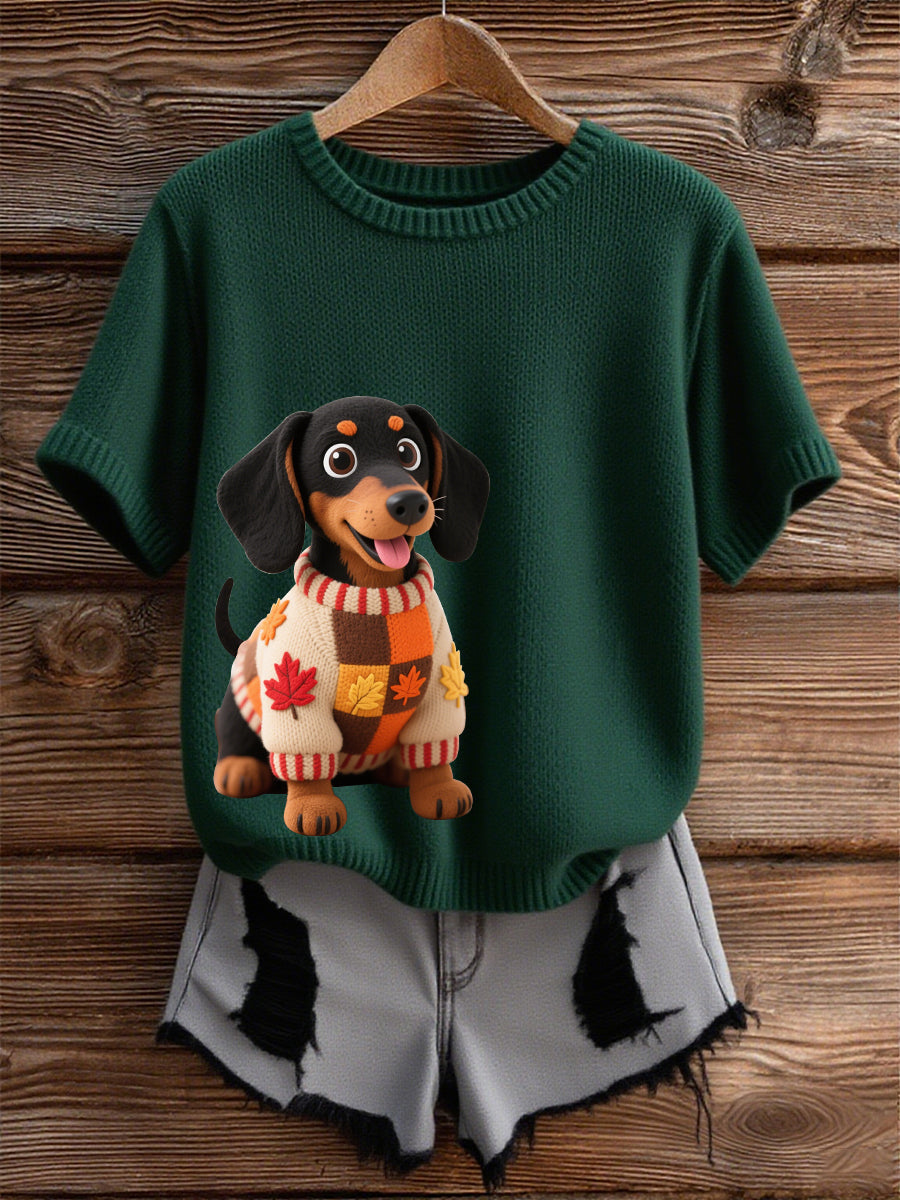 Femme Automne Chien Art Imprimer manches court-chemise