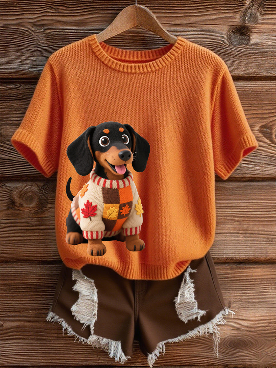 Femme Automne Chien Art Imprimer manches court-chemise