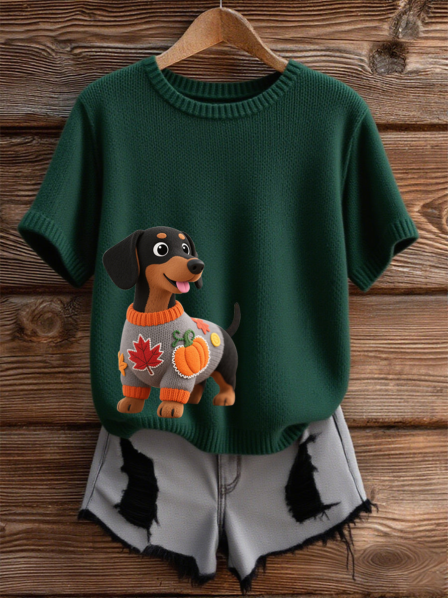 Femme Automne Chien Art Imprimer manches court-chemise