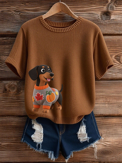 Femme Automne Chien Art Imprimer manches court-chemise