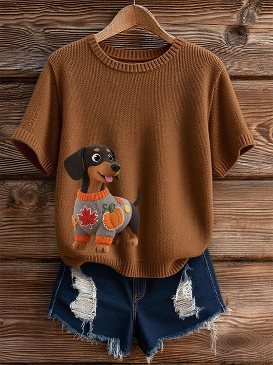 Femme Automne Chien Art Imprimer manches court-chemise